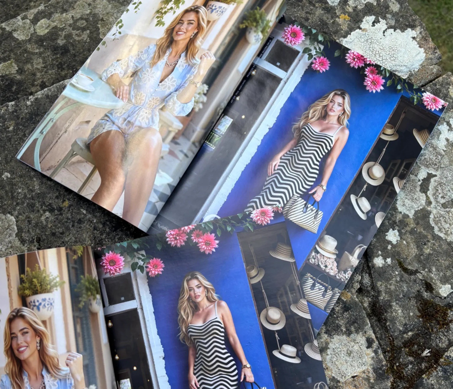 Páginas impressas da revista Vogue mostrando a campanha da Guess com modelo gerada por inteligência artificial